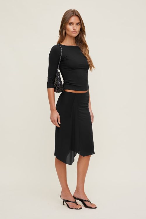 Asymmetric Draped Midi Skirt - Black - Women Clothing