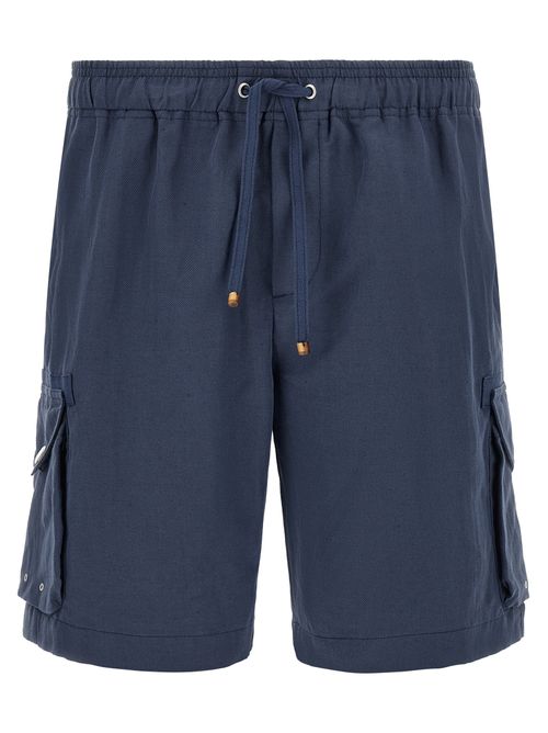 Linen and Cotton Cargo Bermuda Shorts — Blue