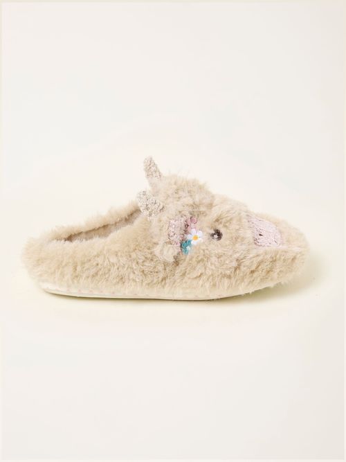 FatFace Hettie Natural Highland Cow Novelty Slippers