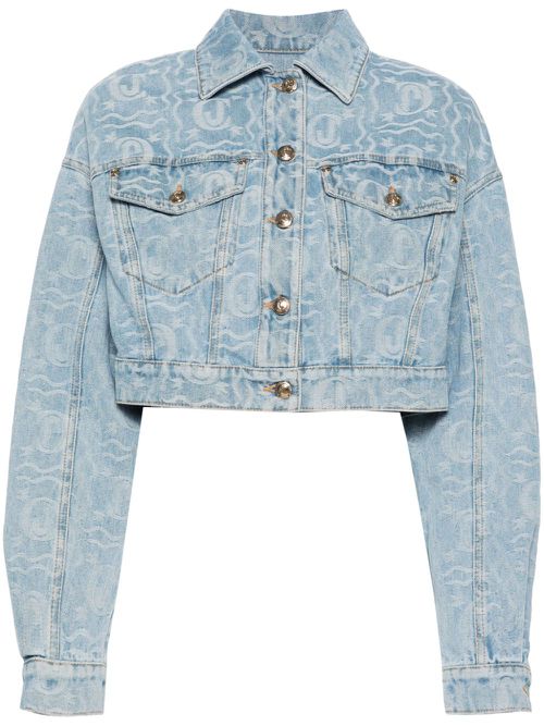 Logo-jacquard cropped denim jacket - Blue
