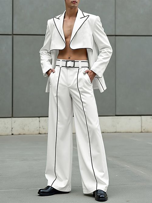 Men's Colorblock Piped Cropped Casual Two Pieces Outfit SKUL23726 - White / S