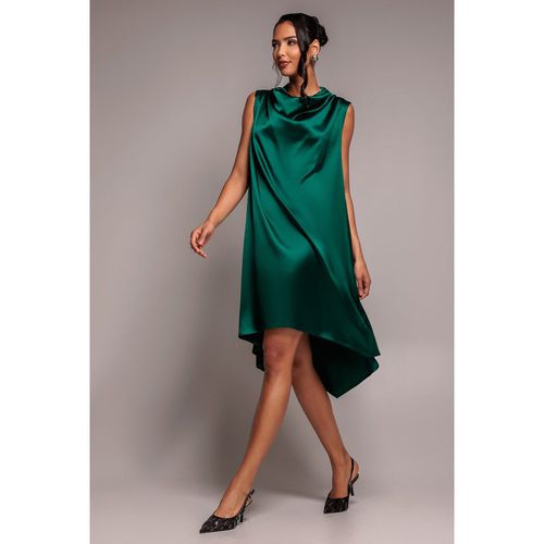 Goddiva Cowl Neck Back Wing Satin High Low Midi Dress - Emerald Green