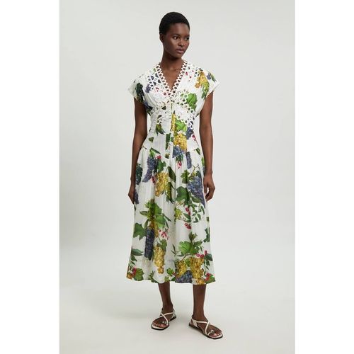 Karen Millen Women's Fruit Print Tape Detail Short Sleeve Woven Maxi Dress in Flora