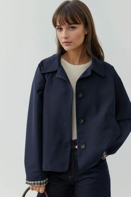 Blue Plaid Checkered Lining Jacket With Button Closure Women