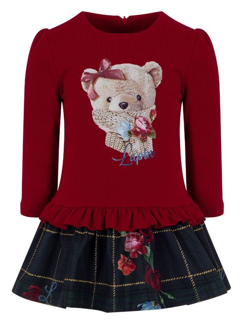 Bear print peplum-plaid combined dress - Red