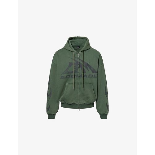 Mens Brand-Print Washed Cotton-Jersey Hoodie