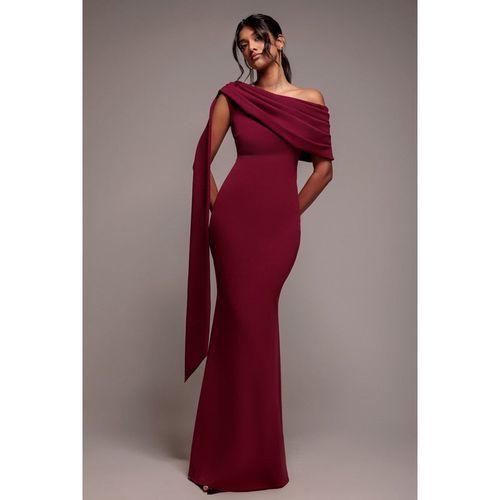 Goddiva Sash One Shoulder Bardot Maxi Dress - Burgundy
