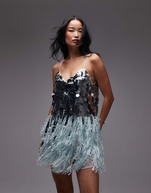 ASOS ARCHIVE paillette sequin mini dress with faux feather hem in blue