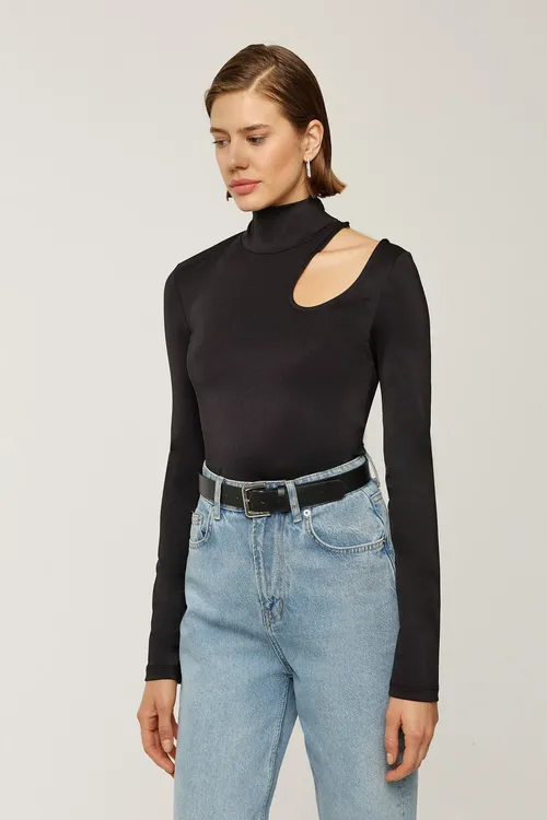 Black Turtleneck Cut Out Slim Fit Blouse Women