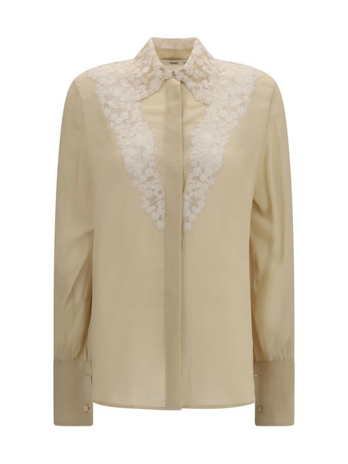 Lace-Collar Georgette Silk Shirt — Beige