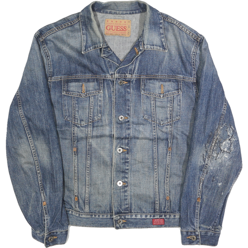 GUESS Mens Blue Denim Jacket M Cotton Button Casual Vintage Distressed