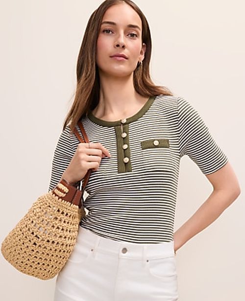 Ann Taylor Petite Contrast Trim Henley Top