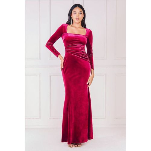 Goddiva Square Neck Gathered Waist Velvet Maxi - Burgundy