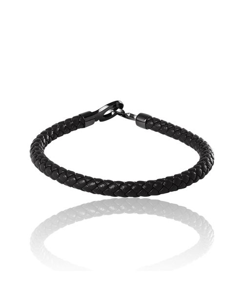 Men's Braided Leather Bracelet with Matte Black Hook Clasp - Black, silver-tone