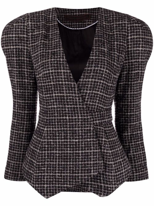 Check wrap-style blazer - Black