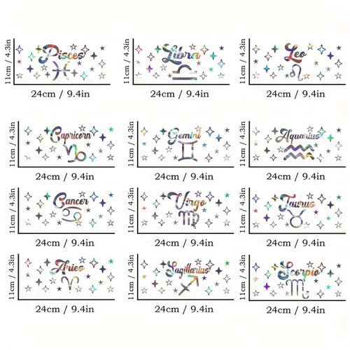 TEMU 12-pack Zodiac Uv Dtf Self-adhesive Plastic Cup Wraps, Waterproof Scratch-resistant 3d Crystal Transfer Paper For Glass Cups And Bottle