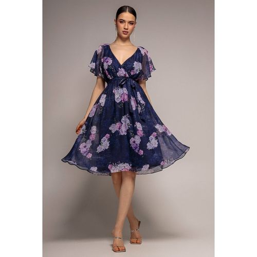 Goddiva Printed Lurex A-Line Flutter Sleeve Midi Dress - Navy