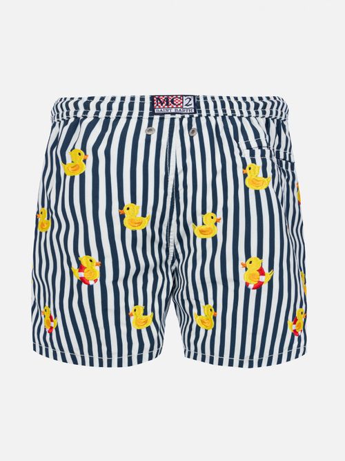 Boy Striped Swim Shorts With Embroidered Ducks Blue Swimshort