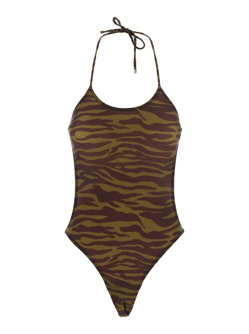 Green Swimsuit With Halterneck With Tie And All-over Print In Tech Fabric Stretch Woman
