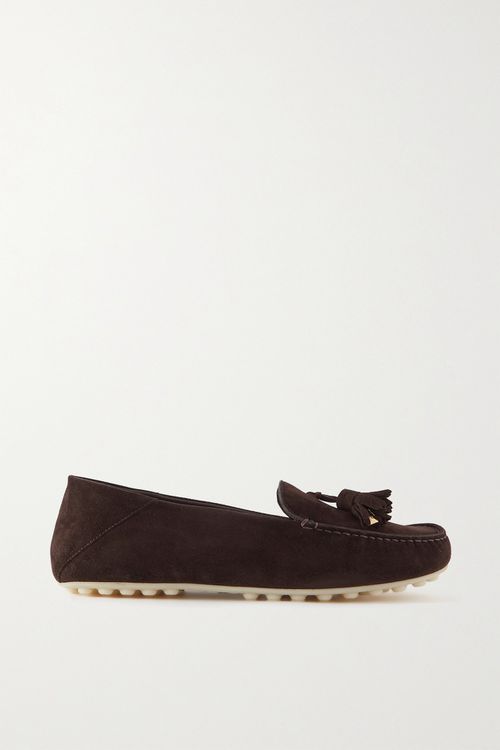 Tasseled Suede Collapsible-heel Loafers - Chocolate