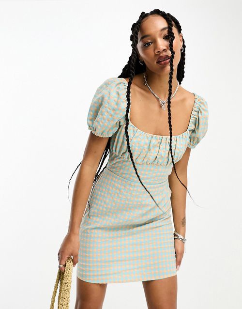 Seersucker open-back milkmaid mini dress in blue and cream gingham