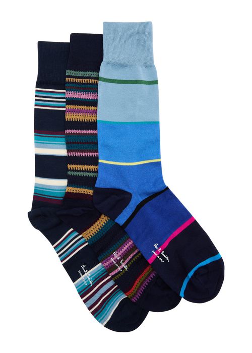 Striped-intarsia Cotton-blend Socks - set of Three - Blue - One Size