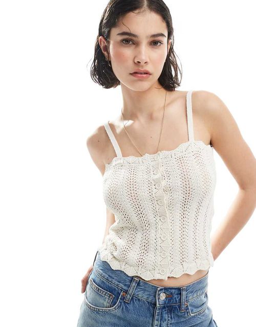 Vero Moda buttondown crochet cami top in cream-White