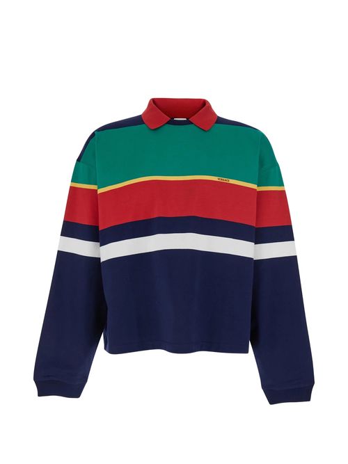 Versatile Striped Cotton Polo-Collar Sweatshirt with Embroidered Logo and Back Medusa Detail