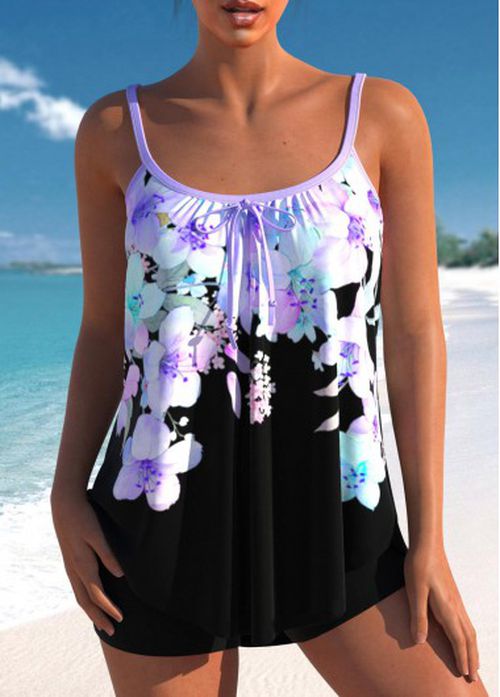 Modlily Bowknot Floral Print Light Purple Tankini Set