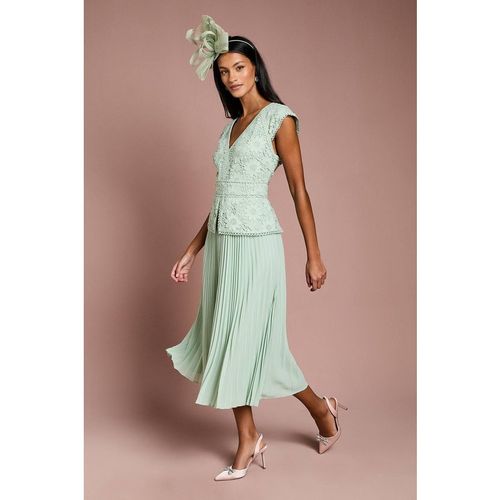 Coast Petite V Neck Lace Bodice Peplum Midi Dress In Sage