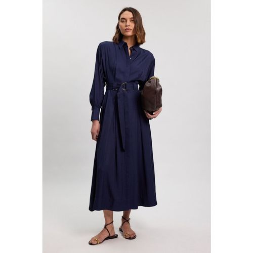 Karen Millen Womens Premium Viscose Linen Woven Shirt Dress With Gold Buckle Belt - Navy
