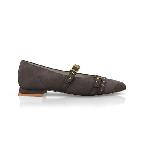 Ballerines pointues Chaussures plates Femme Faites main en Italie en Daim Marron - Sur Mesure, Petit, Boucles, Boucle - GIROTTI