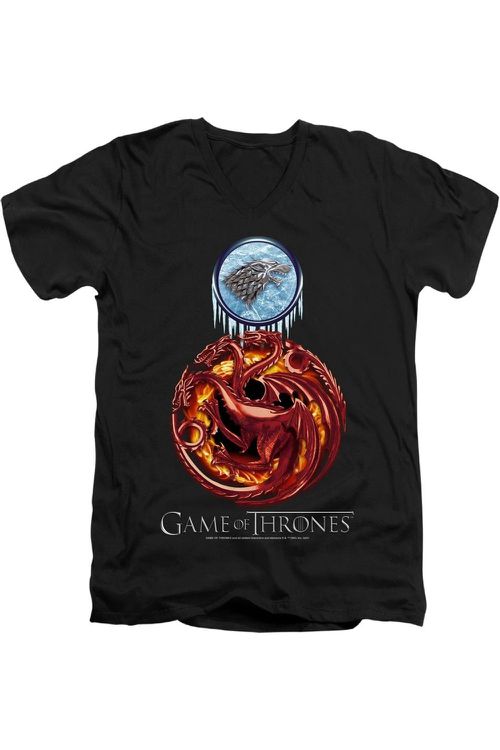 Game Of Thrones Combined Targaryn And Stark Short Sleeve Adult V Neck Premium Cotton Tee / T-Shirt