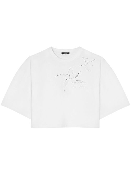 Starfish-embroidered cropped T-shirt - White