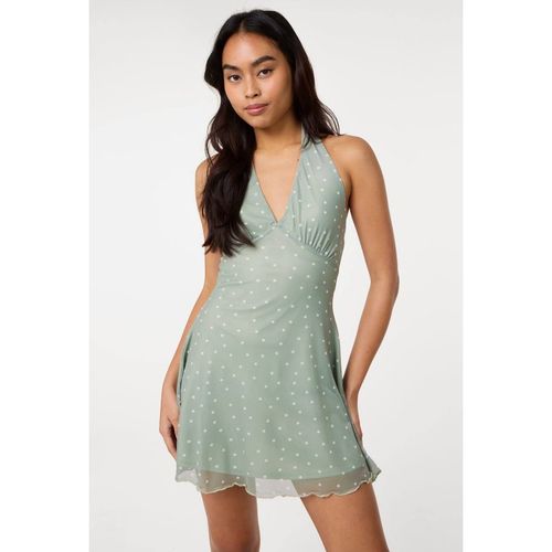 Pink Vanilla Women's Pale Green Halter Mini Dress In Polka Dot | : Large