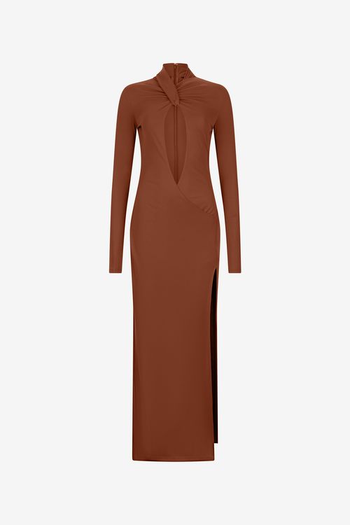 Brown Maxi Dress With Twisted Neckline