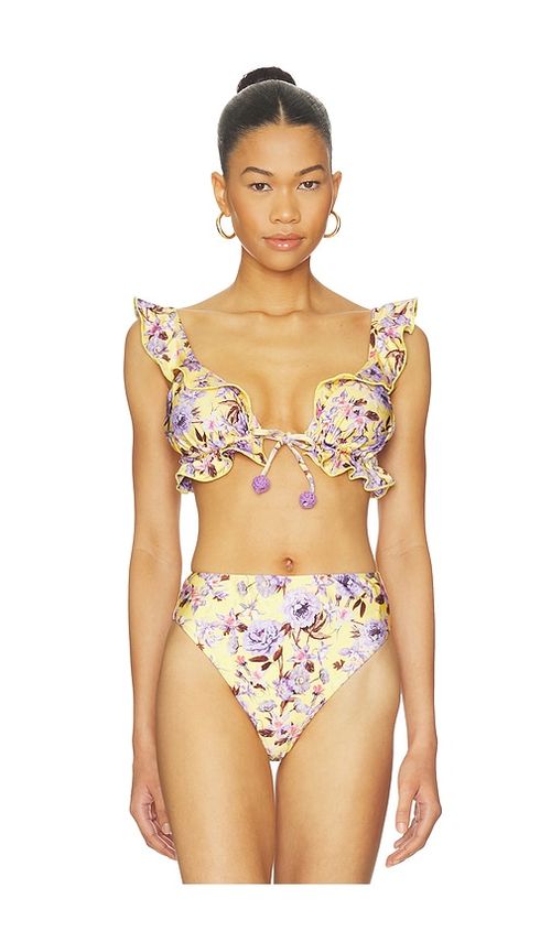 PatBO Peony Print Ruffle Bikini Top in Yellow. - XS also in S