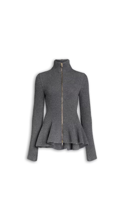 Maison Ribbed Knit Peplum Cardigan — Gray