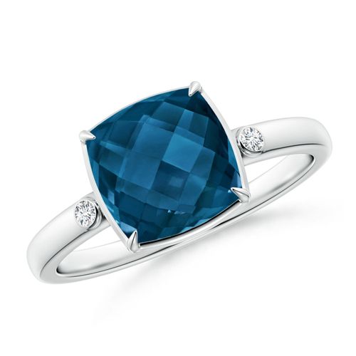 Angara 3.0 Carats Cushion London Blue Topaz Cocktail Ring with Bezel Diamonds in Platinum