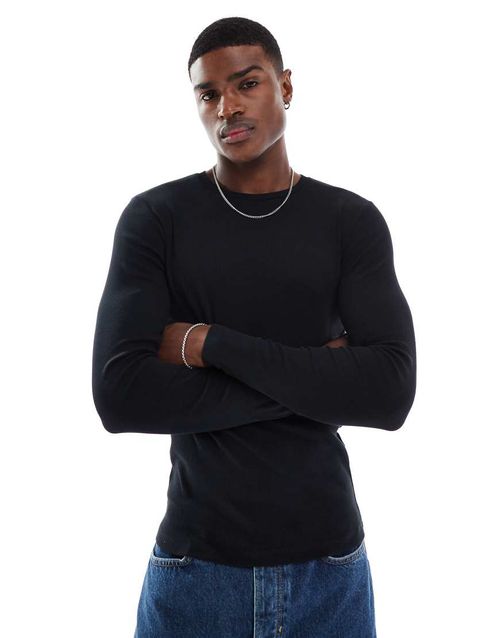 ASOS DESIGN essential muscle fit long sleeve ribbed T-shirt in black