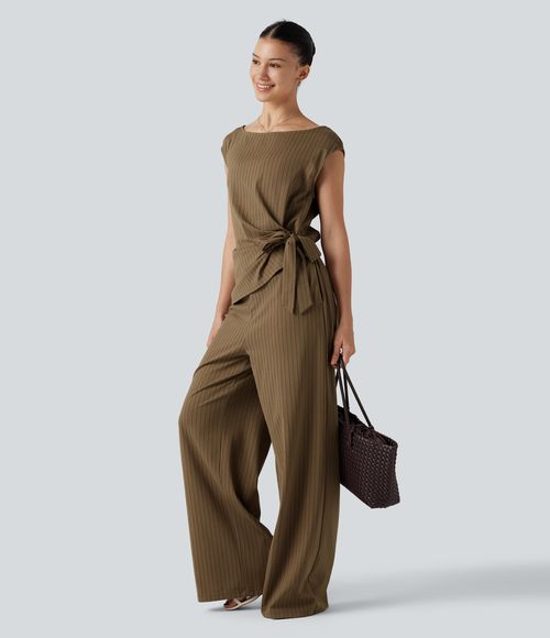 Boat Neck Sleeveless Tie Side Cool Touch Stripe Work Jumpsuit with Pockets-Easy Peezy Edition  - Brown Pinstripe