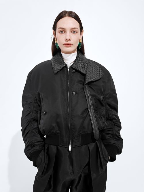 Women's Waterproof Satin Padded Jacket with Leather Collar - Size 38
