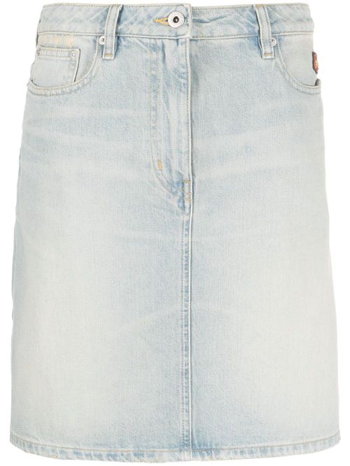 Floral-embroidered denim skirt - Blue
