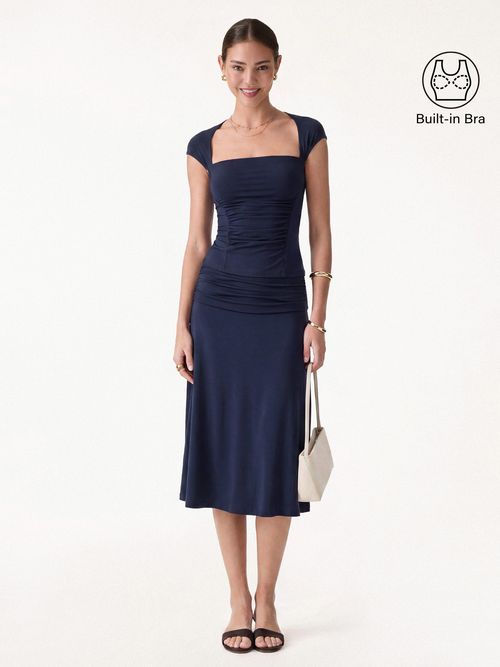 2Pcs Set Square Neck Cutout Back Bra Top & A-line Midi Skirt - Midnight Navy / XS