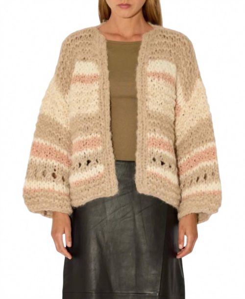 Alpaca Mix Pattern Bomber Cardigan In Beige Mix