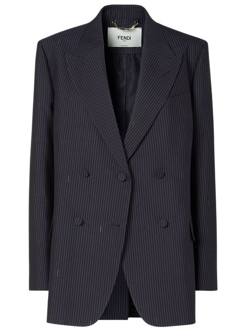 Wool Double-Breasted Blazer with Peak Lapels and Elongated Fit