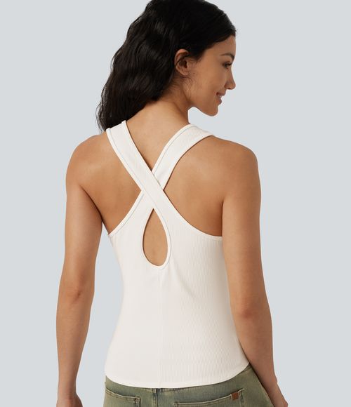 Ribbed Knit U-Neck Crossover Cut-Out Back Curved Hem Casual Tank Top  - White