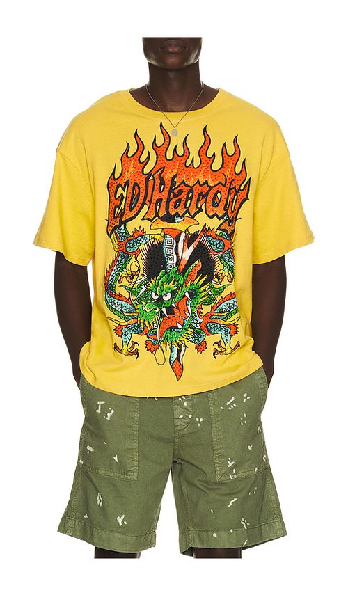 Ed Hardy Dragons Boxy Rhinestone Tee in Mustard. XL/1X. Also in S