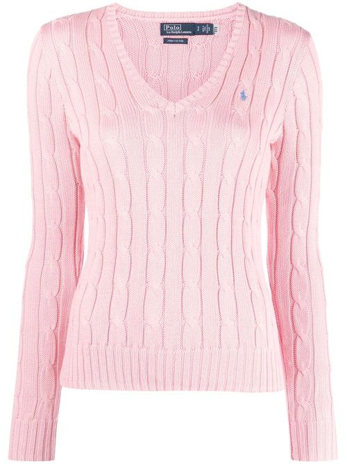Embroidered-logo cable-knit jumper - Pink