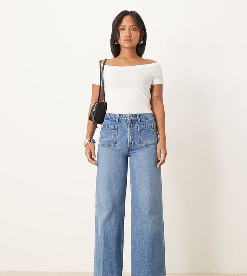 ASOS DESIGN Petite clean wide leg jeans with front pockets in mid blue